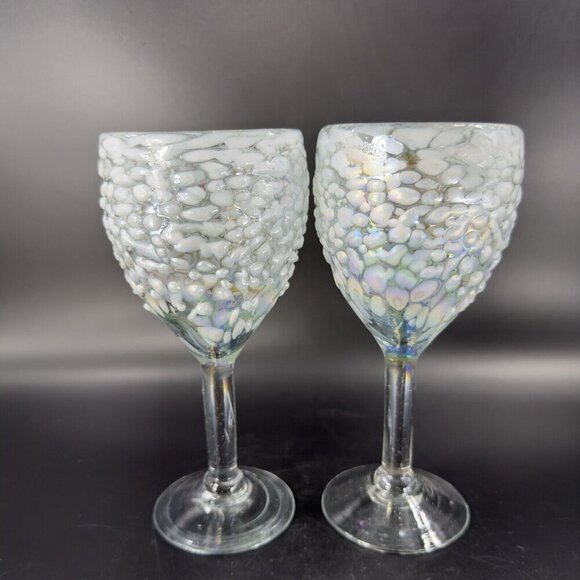White Graniti Iridescent Art Glass Goblet Set 2 Barware Glasses Textured Cups - Picture 16 of 16